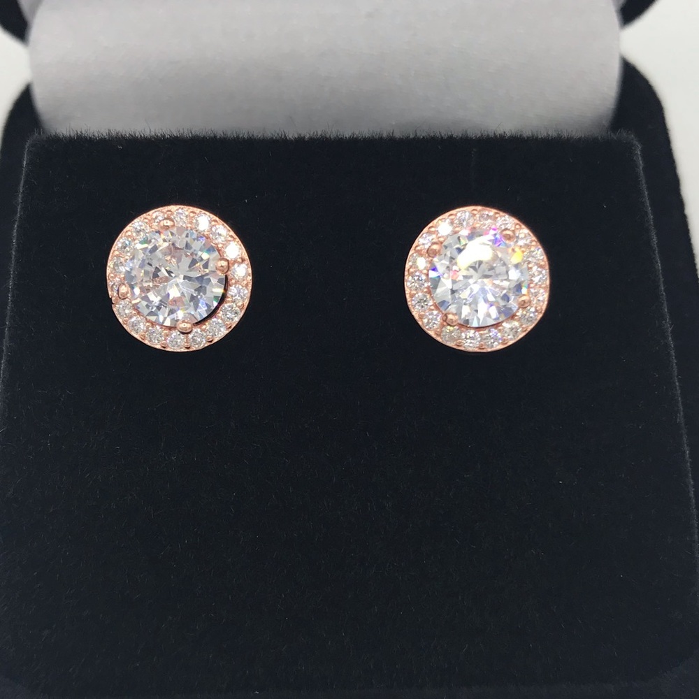 Rose Gold Halo Stud Earrings in Sterling Silver - Picture 4 of 8